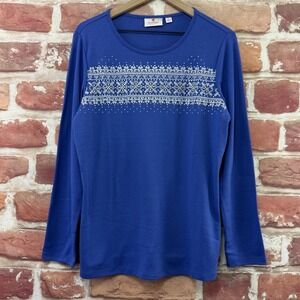 Quacker Factory T Shirt Women's Large Blue Fair Isle Floral Hearts Casual Top